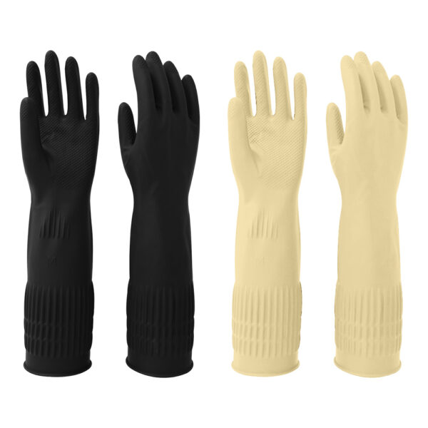 2 Colors of Rubber Dishwashing Gloves for Kitchen and Household Cleaning – Long Cuff 15", Reusable, Light Weight, Flexible Long-lasting and Non-Slip (Black+Natural)