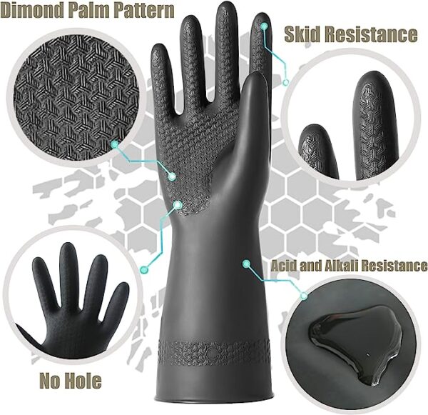 Chemical Resistant Latex Gloves,Cleaning Protective Safety Work Heavy Duty Rubber Gloves, S-M-L-XL Size, Black 1 Pair - Image 3