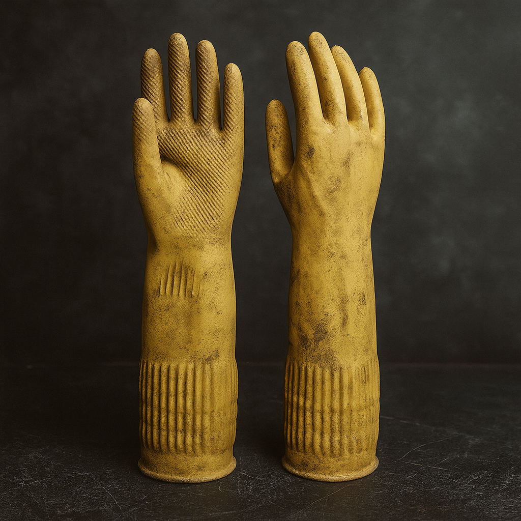 A old winter Rubber Gloves on Dark Surface with low temperature