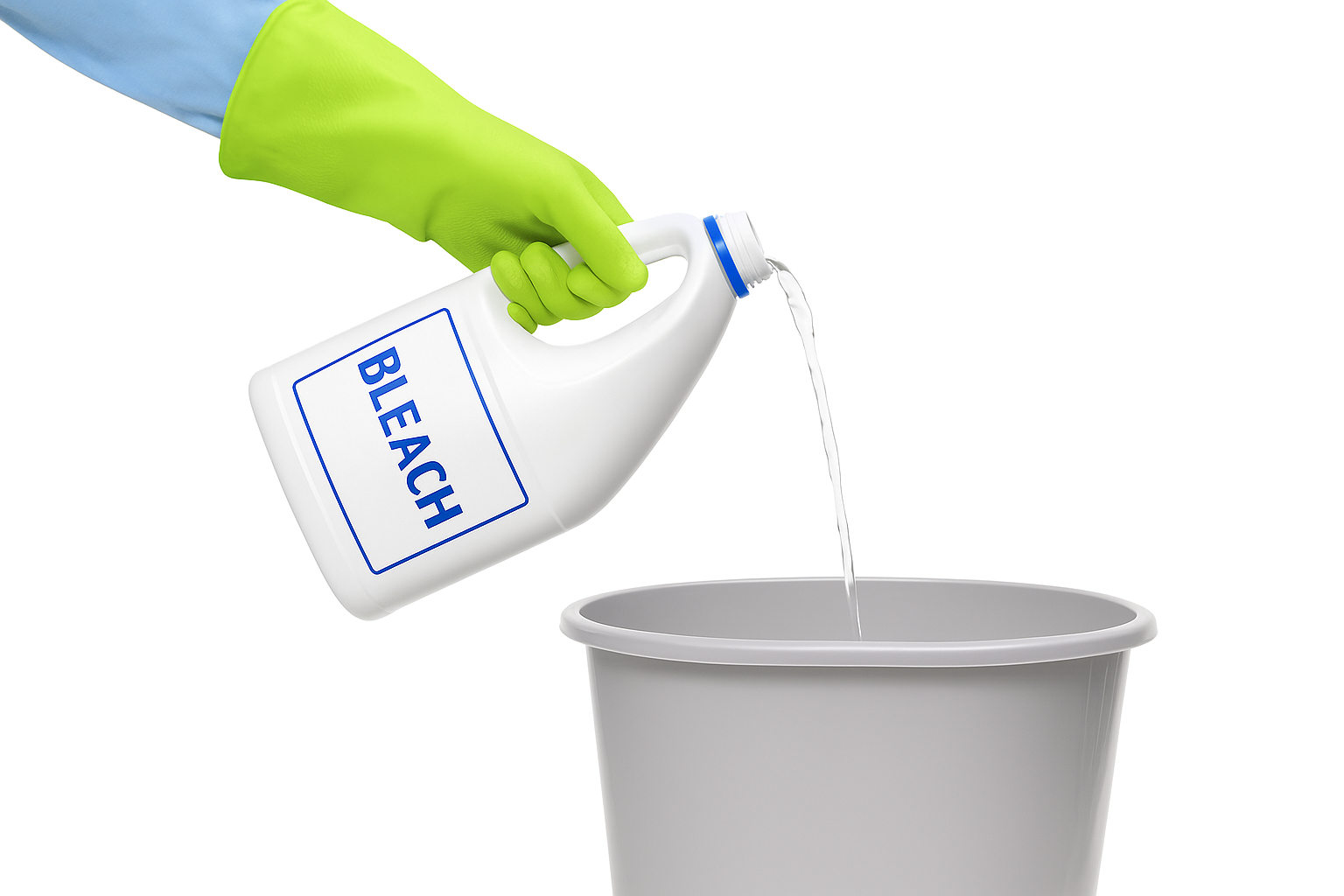 Hand wearing nitrile glove pouring bleach into bucket