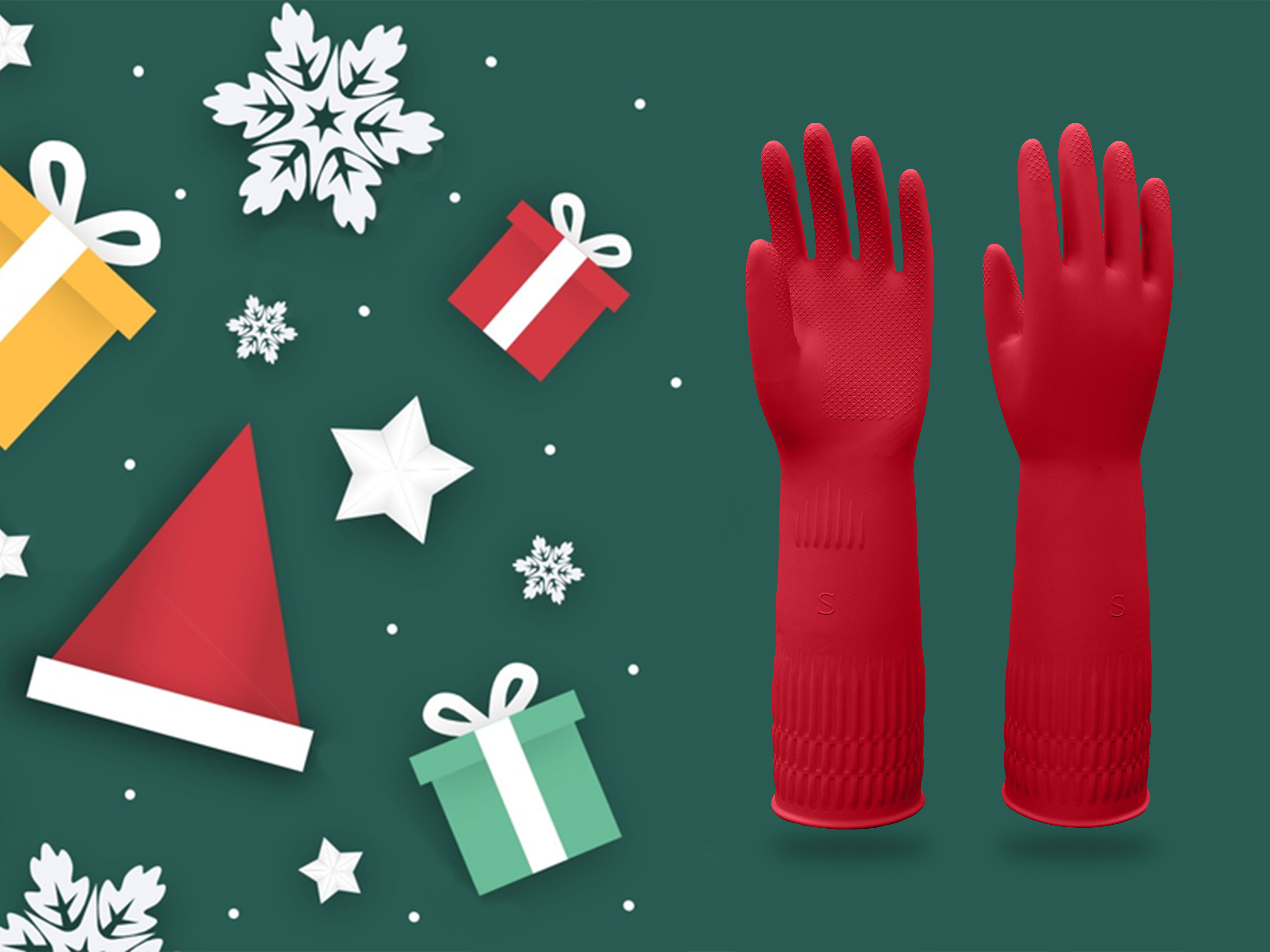 Holiday reusable rubber glove display showing color-coded options for household tasks.