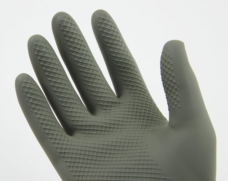 Advanced grip texture on reusable nitrile household gloves.