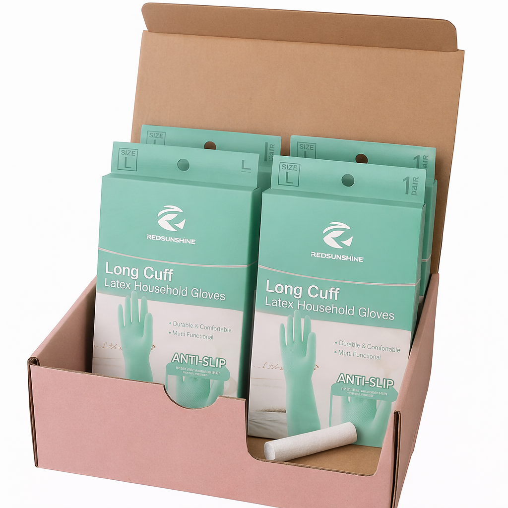 Using chalk to prevent moisture buildup in bulk latex glove storage.