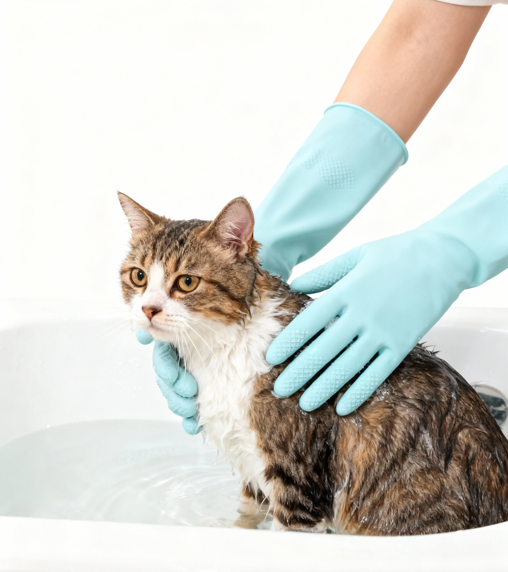 person wearing rubber gloves bathing a cat