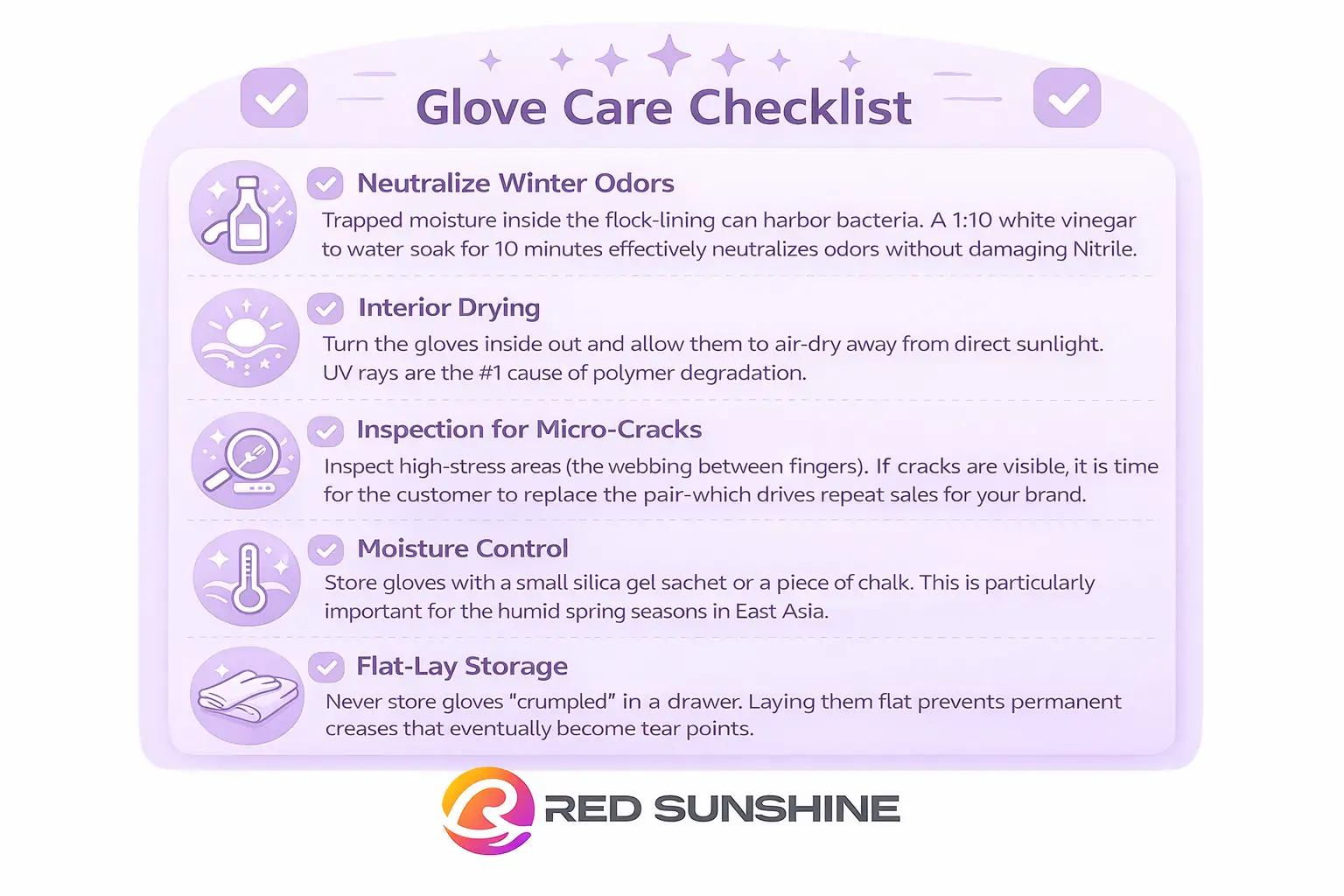 B2B checklist for reusable household glove care and storage by Red Sunshine factory.