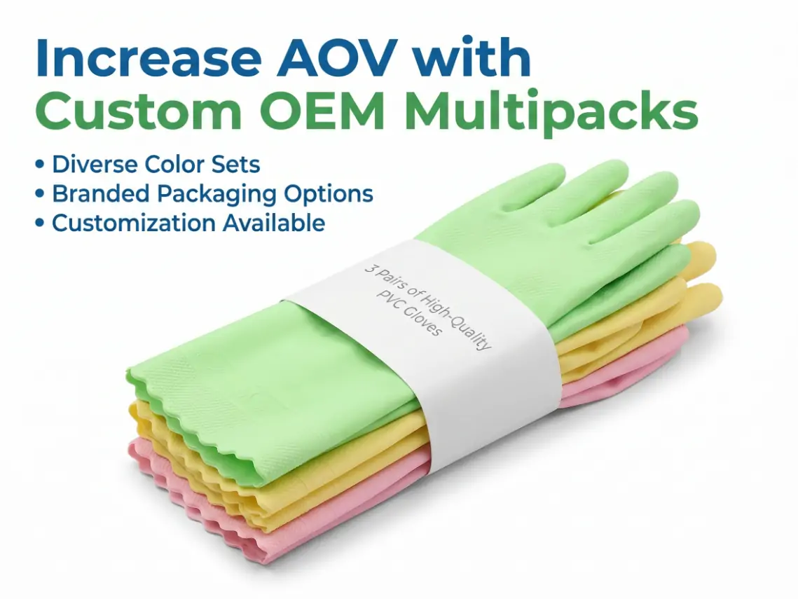 Mobile e-commerce search results comparing generic yellow cleaning gloves to custom Pantone household gloves from RS Glove.