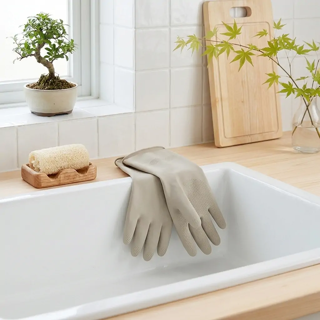 Minimalist beige dishwashing gloves Japan inside a modern aesthetic kitchen.