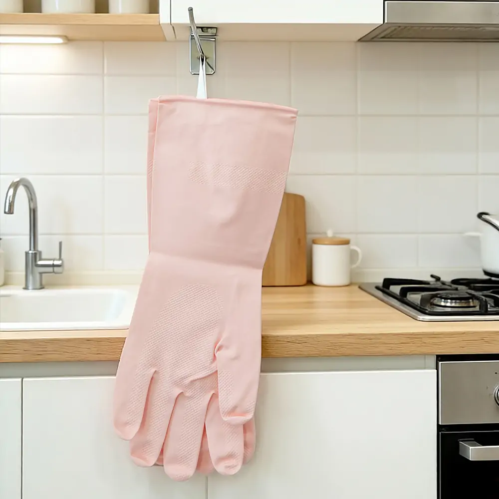 Private label OEM beige dishwashing gloves for Japanese retail.