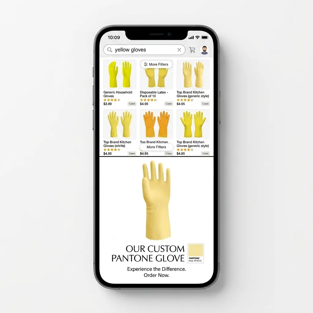 Mobile e-commerce search results comparing generic yellow cleaning gloves to custom Pantone household gloves from RS Glove.