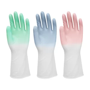 Aesthetic gradient two-tone PVC household gloves in light purple and cream, 100% latex-free for sensitive skin by Red Sunshine 20-year factory.