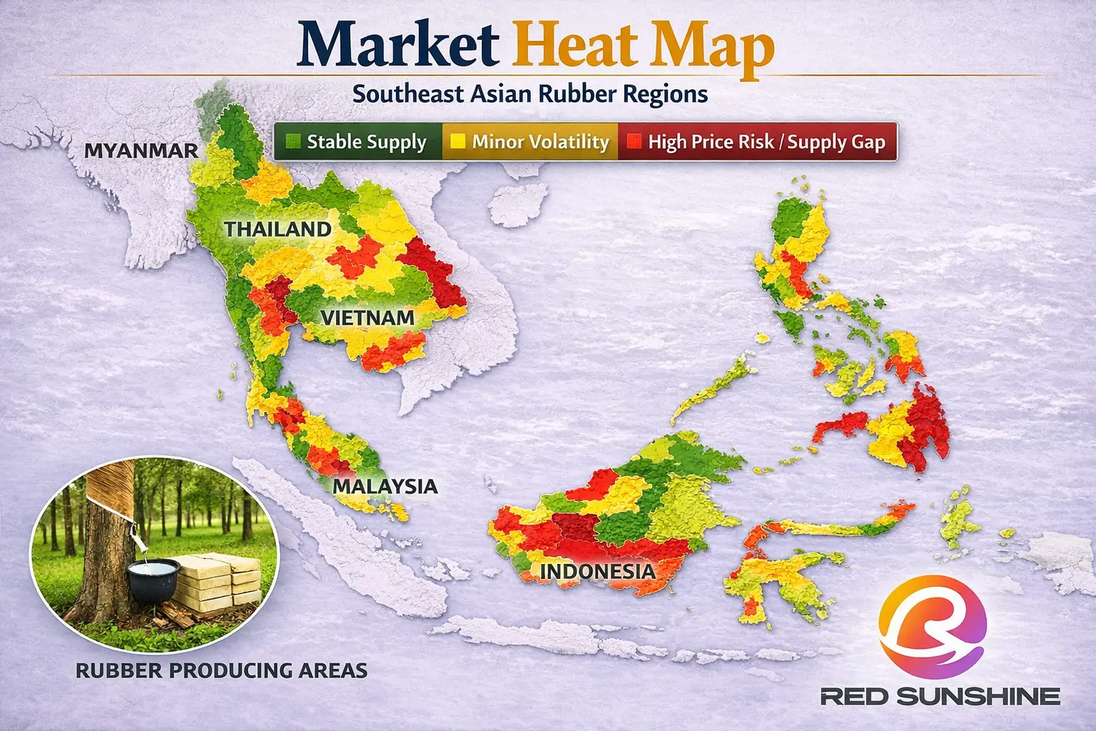 Natural rubber supply hubs in Southeast Asia impacting glove manufacturing costs.