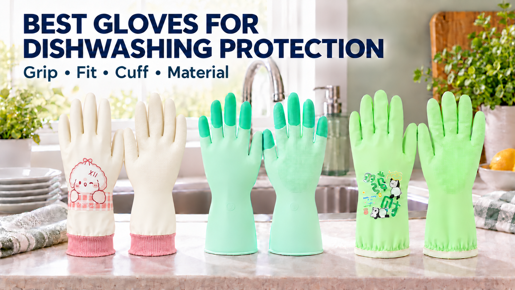 White nitrile, Color-Tip latex and printed PVC reusable best gloves for dishwashing protection