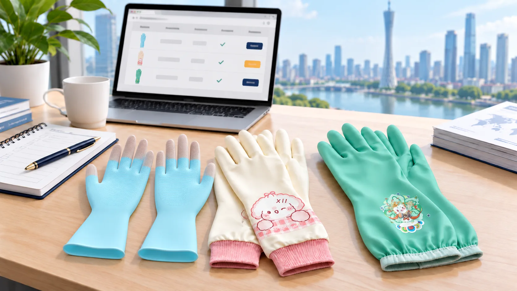 Latex, nitrile and PVC reusable rubber gloves on a buyer’s desk in Guangzhou during the 140th Canton Fair sourcing period