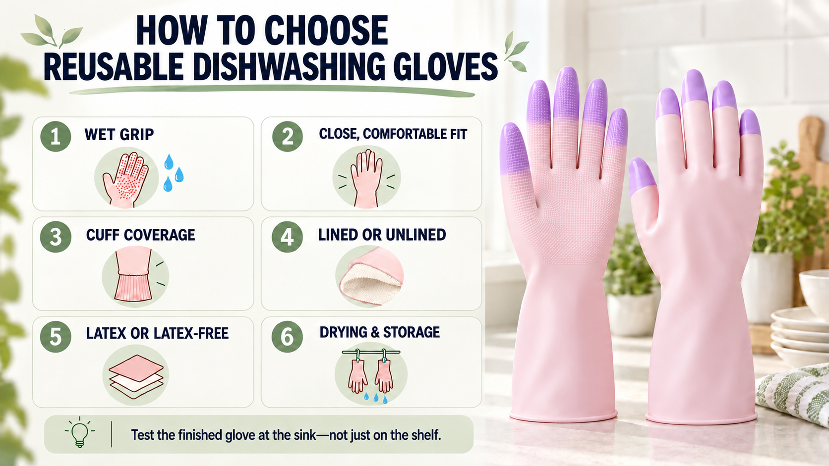 3 Best Gloves for Dishwashing Protection: Latex vs Nitrile vs PVC 2 Reusable dishwashing glove checklist covering wet grip, fit, cuff coverage, lining, latex-free options and drying