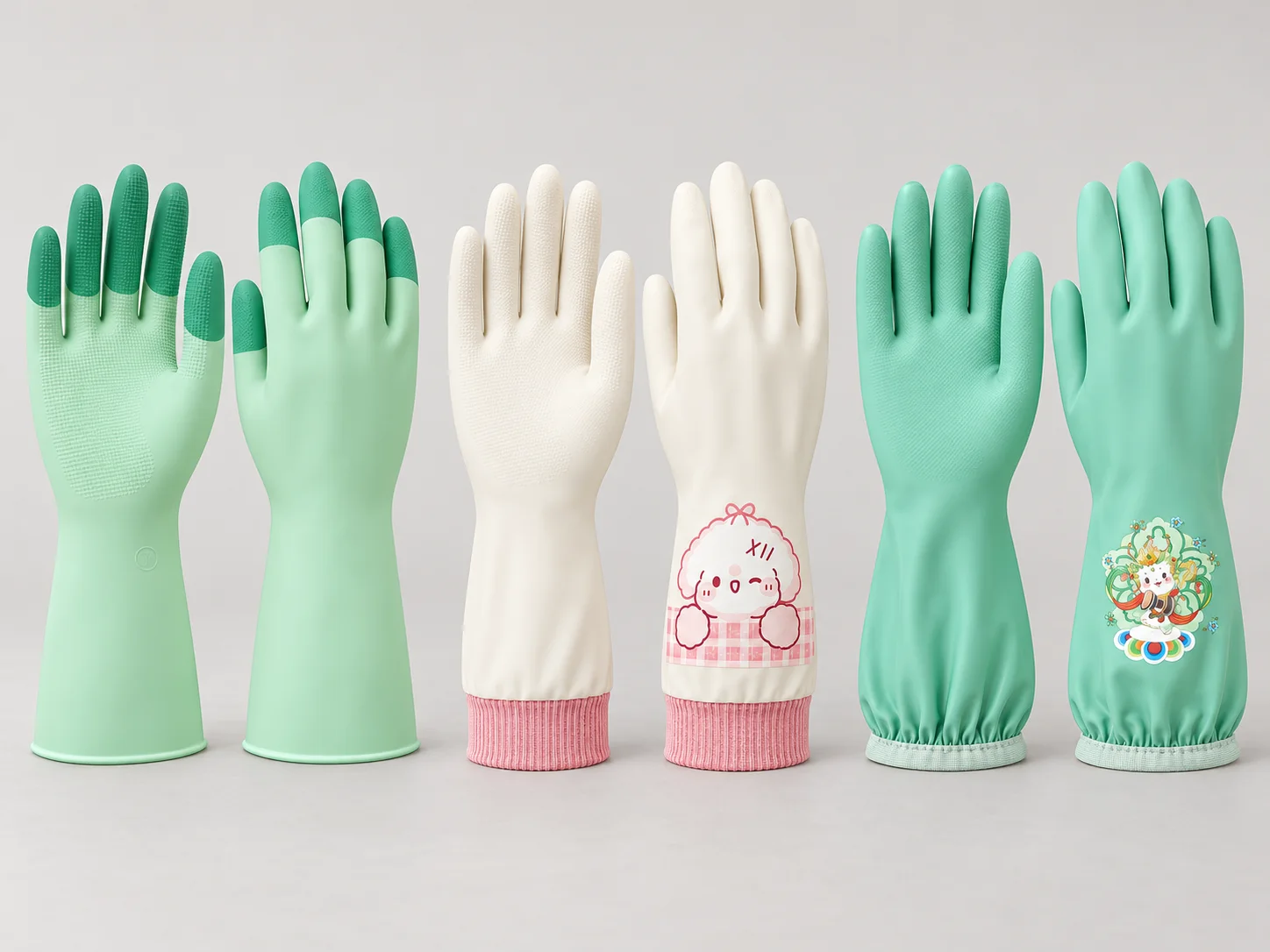 Where to Buy Durable Rubber Gloves Online During the Canton Fair: A Practical Buyer’s Guide 2 Side-by-side comparison of green color-fingertip latex gloves, white printed nitrile gloves and mint-green PVC household gloves for Durable Rubber Gloves