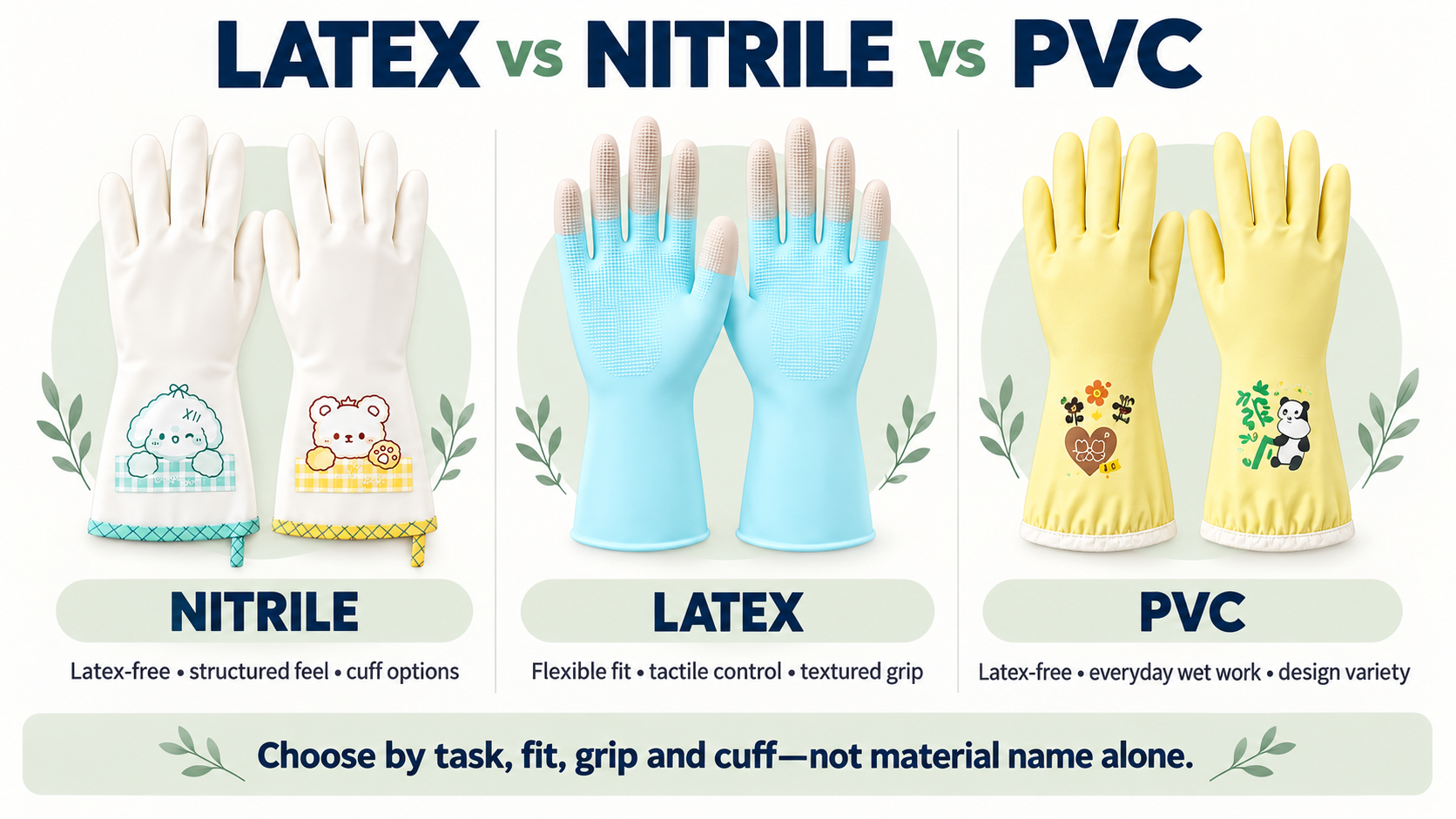 3 Best Gloves for Dishwashing Protection: Latex vs Nitrile vs PVC 1 Latex, nitrile and PVC reusable dishwashing gloves compared by fit, grip, cuff and everyday use