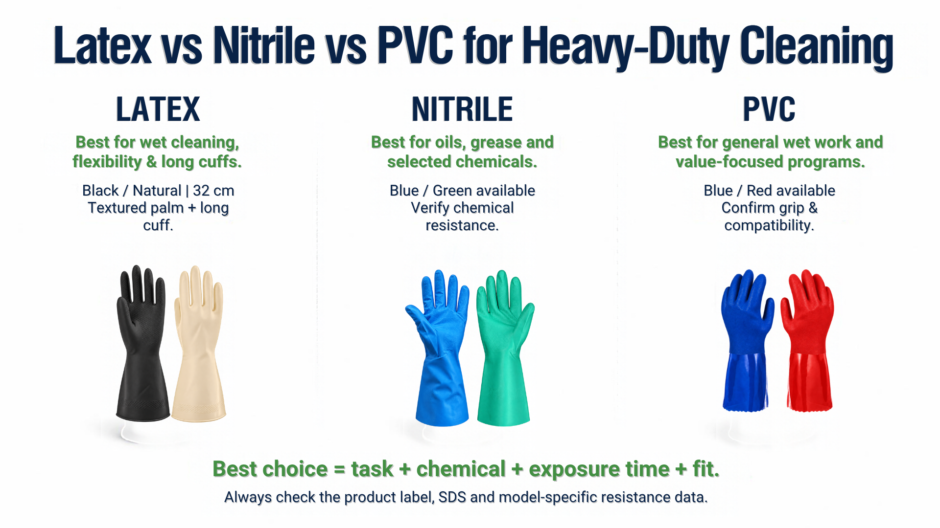 Black and natural 32 cm latex gloves, blue and green nitrile gloves, and blue and red PVC gloves compared for the Best Rubber Gloves for Heavy-Duty Cleaning.