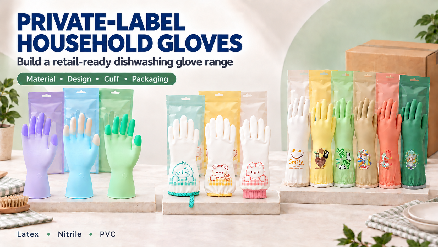3 Best Gloves for Dishwashing Protection: Latex vs Nitrile vs PVC 3 Private-label household glove collection with Color-Tip latex, white nitrile cuff options and printed PVC designs